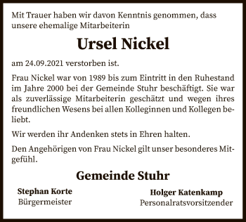 Traueranzeige von Ursel Nickel von SYK