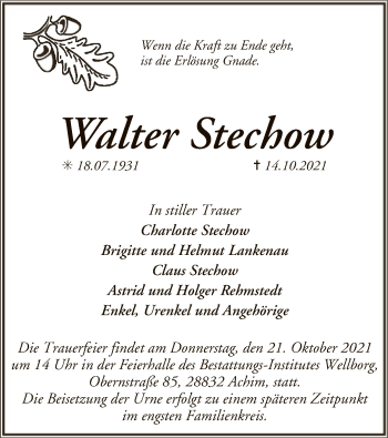 Traueranzeige von Walter Stechow von SYK