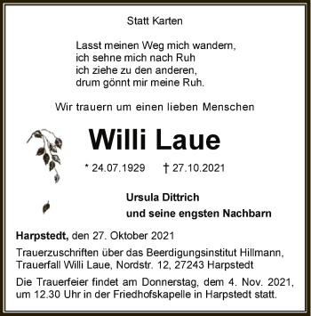 Traueranzeige von Willi Laue von SYK