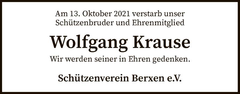  Traueranzeige für Wolfgang Krause vom 20.10.2021 aus SYK