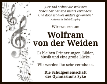 Traueranzeige von Wolfram von der Weiden von SYK