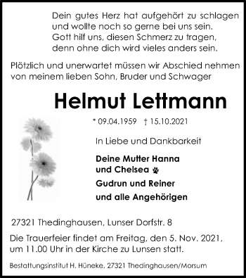 Traueranzeige von Helmut Lettmann von SYK