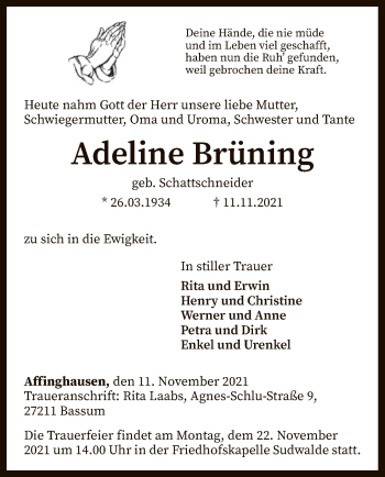 Traueranzeige von Adeline Brüning von SYK