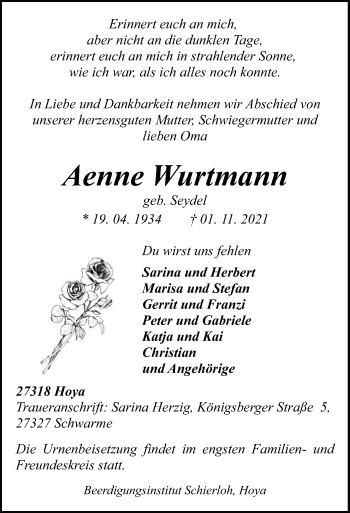 Traueranzeige von Aenne Wurtmann von SYK