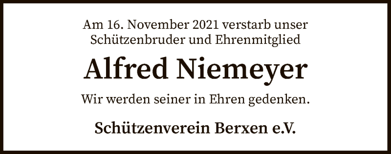 Traueranzeige für Alfred Niemeyer vom 24.11.2021 aus SYK