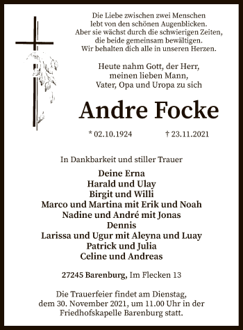 Traueranzeige von Andre Focke von SYK