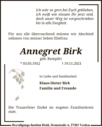 Traueranzeige von Annegret Birk von SYK