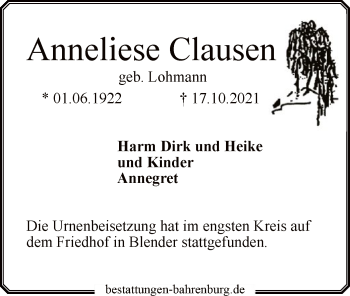 Traueranzeige von Anneliese Clausen von SYK