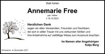 Traueranzeige von Annemarie Free von SYK