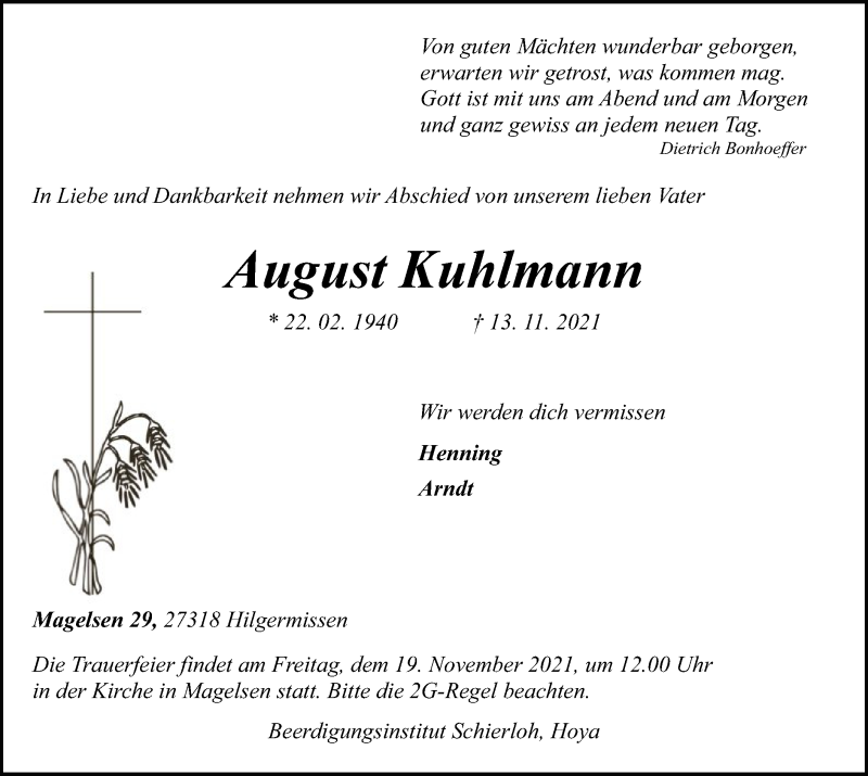  Traueranzeige für August Kuhlmann vom 16.11.2021 aus SYK