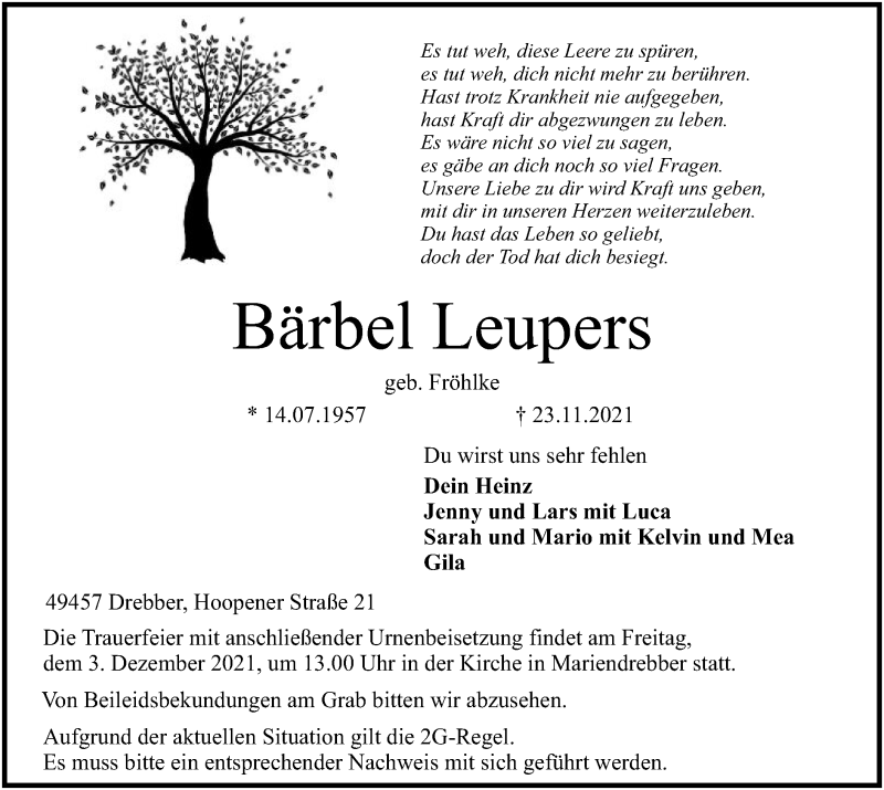  Traueranzeige für Bärbel Leupers vom 25.11.2021 aus SYK