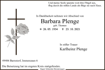 Traueranzeige von Barbara Plenge von SYK