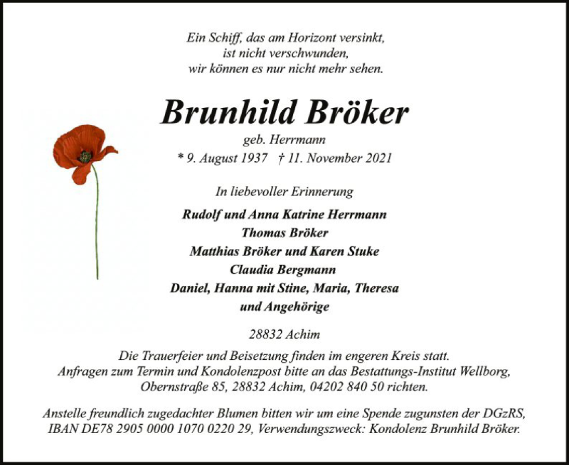  Traueranzeige für Brunhild Bröker vom 13.11.2021 aus SYK