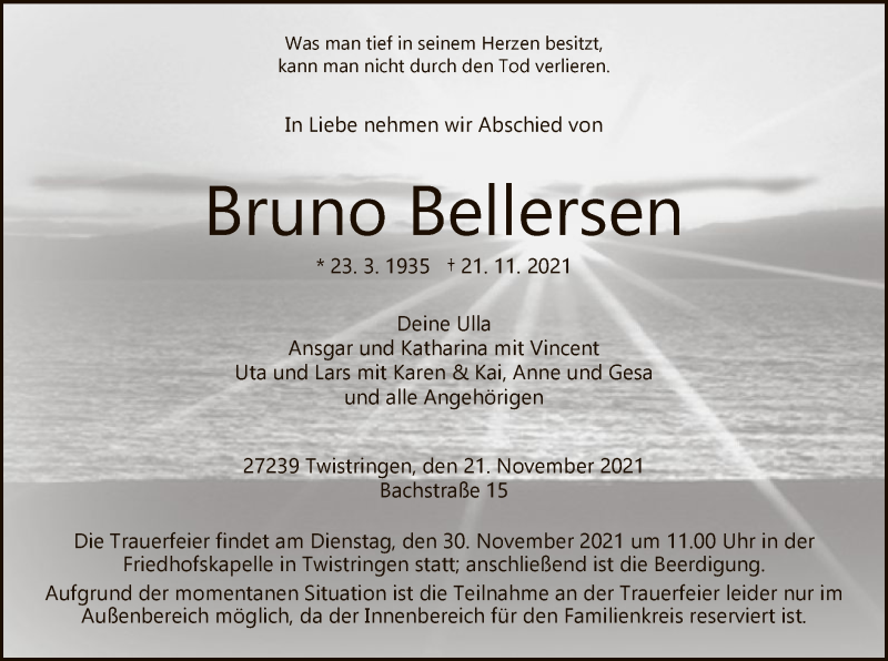  Traueranzeige für Bruno Bellersen vom 25.11.2021 aus SYK