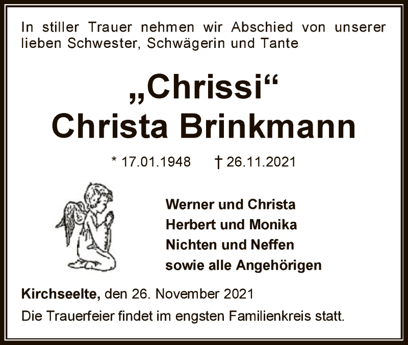  Traueranzeige für Christa Brinkmann vom 30.11.2021 aus SYK