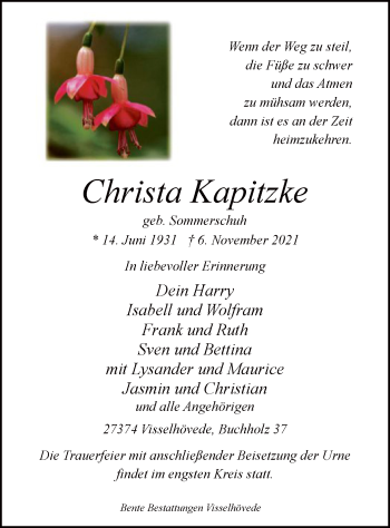 Traueranzeige von Christa Kapitzke von SYK