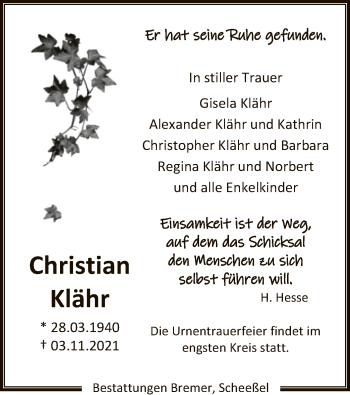 Traueranzeige von Christian Klähr von SYK