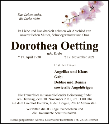 Traueranzeige von Dorothea Oetting von SYK