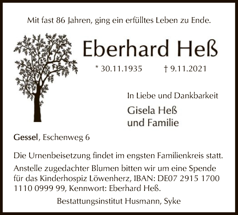  Traueranzeige für Eberhard Heß vom 13.11.2021 aus SYK