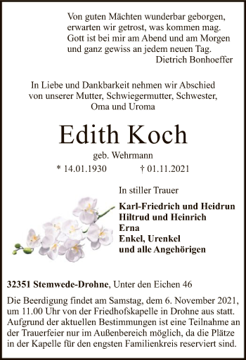 Traueranzeige von Edith Koch von SYK