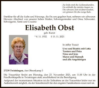 Traueranzeige von Elisabeth Obst von SYK