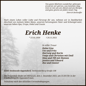 Traueranzeige von Erich Henke von SYK