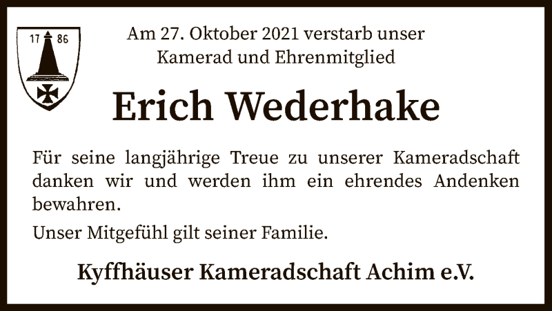  Traueranzeige für Erich Wederhake vom 06.11.2021 aus SYK