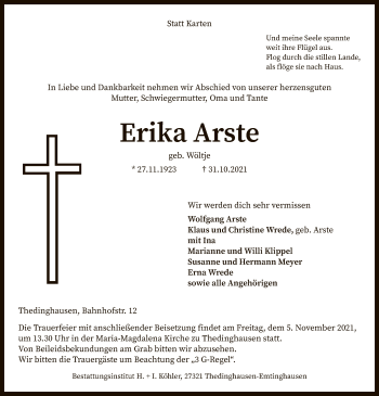 Traueranzeige von Erika Arste von SYK