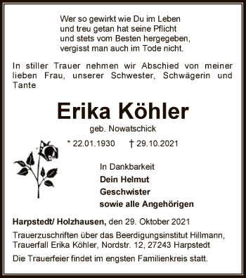 Traueranzeige von Erika Köhler von SYK