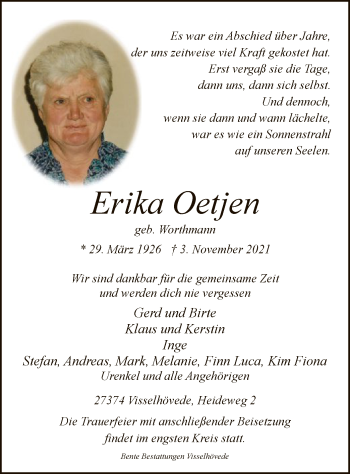 Traueranzeige von Erika Oetjen von SYK