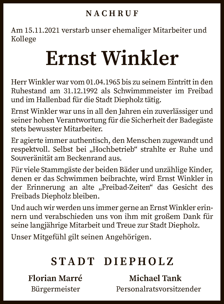  Traueranzeige für Ernst Winkler vom 24.11.2021 aus SYK