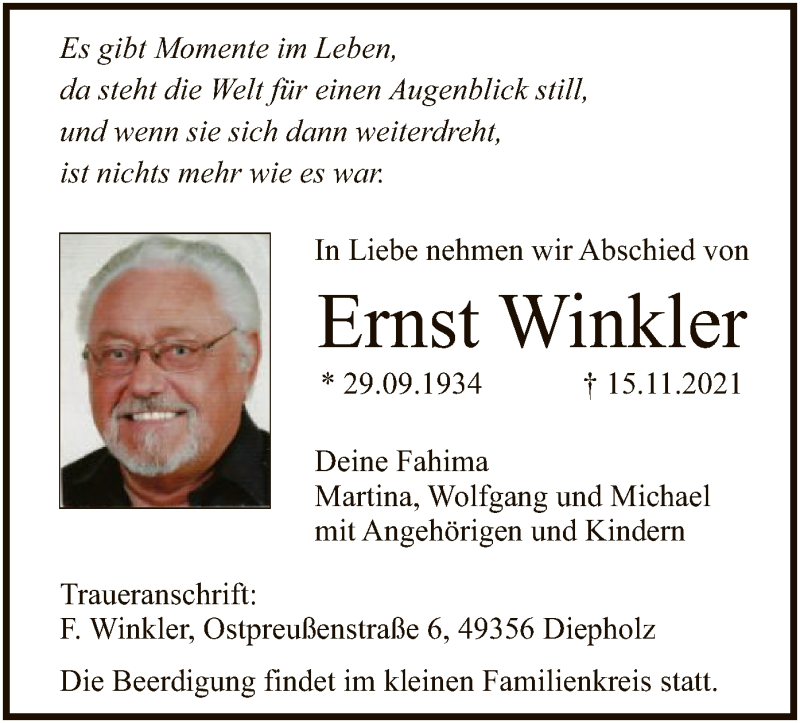  Traueranzeige für Ernst Winkler vom 18.11.2021 aus SYK