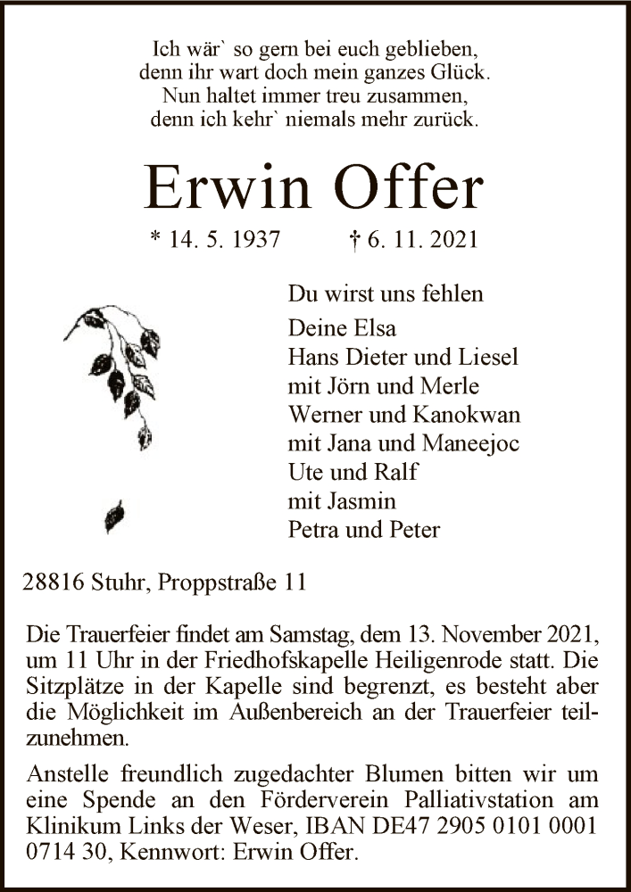  Traueranzeige für Erwin Offer vom 10.11.2021 aus SYK