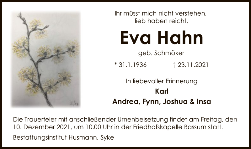  Traueranzeige für Eva Hahn vom 27.11.2021 aus SYK