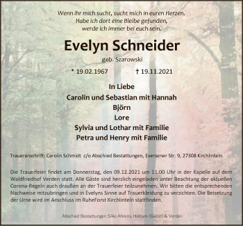 Traueranzeige von Evelyn Schneider von SYK