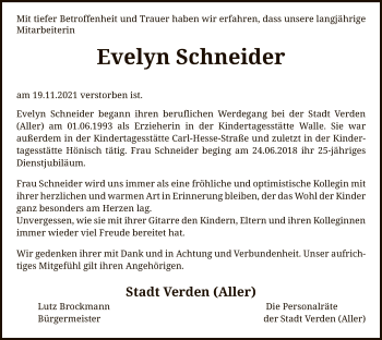 Traueranzeige von Evelyn Schneider von SYK