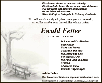 Traueranzeige von Ewald Fetter von SYK