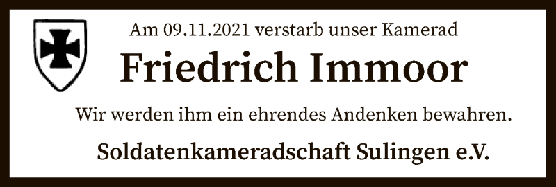  Traueranzeige für Friedrich Immoor vom 17.11.2021 aus SYK