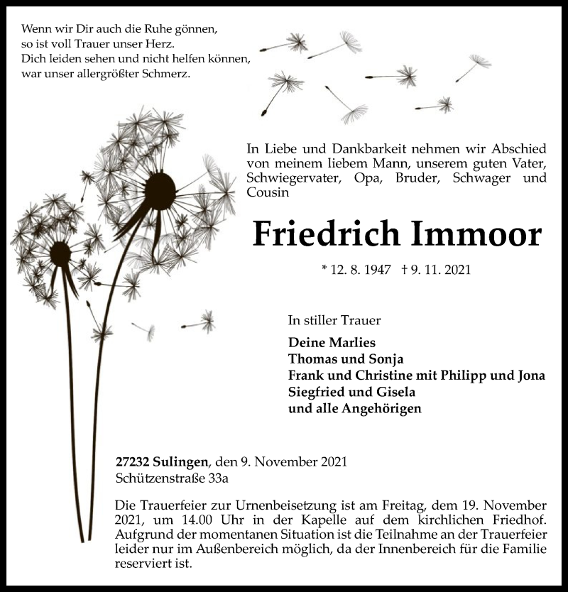  Traueranzeige für Friedrich Immoor vom 13.11.2021 aus SYK