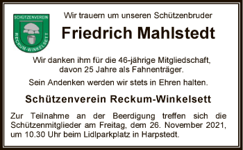 Traueranzeige von Friedrich Mahlstedt von SYK