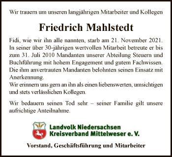 Traueranzeige von Friedrich Mahlstedt von SYK