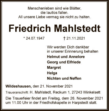 Traueranzeige von Friedrich Mahlstedt von SYK