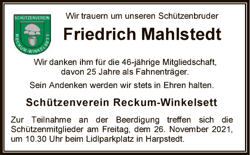  Traueranzeige für Friedrich Mahlstedt vom 24.11.2021 aus SYK