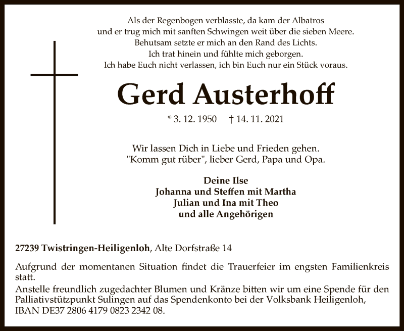  Traueranzeige für Gerd Austerhoff vom 20.11.2021 aus SYK