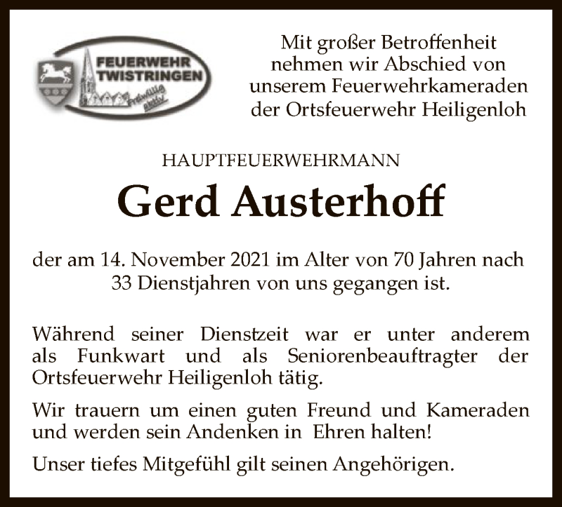  Traueranzeige für Gerd Austerhoff vom 20.11.2021 aus SYK