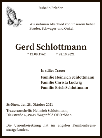 Traueranzeige von Gerd Schlottmann von SYK