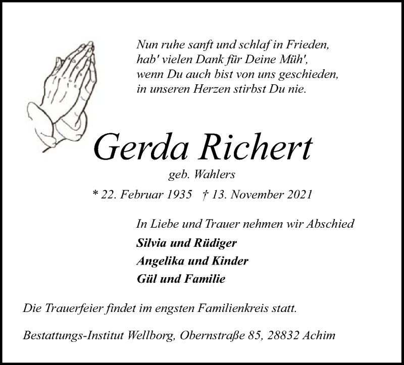  Traueranzeige für Gerda Richert vom 20.11.2021 aus SYK