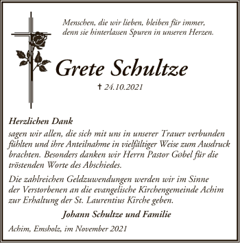 Traueranzeige von Grete Schultze von SYK