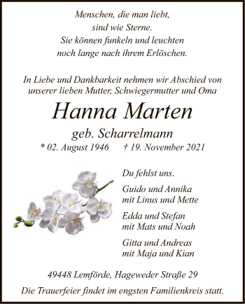 Traueranzeige von Hanna Marten von SYK