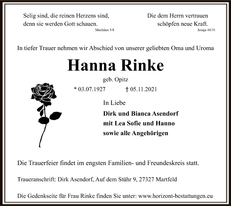  Traueranzeige für Hanna Rinke vom 09.11.2021 aus SYK